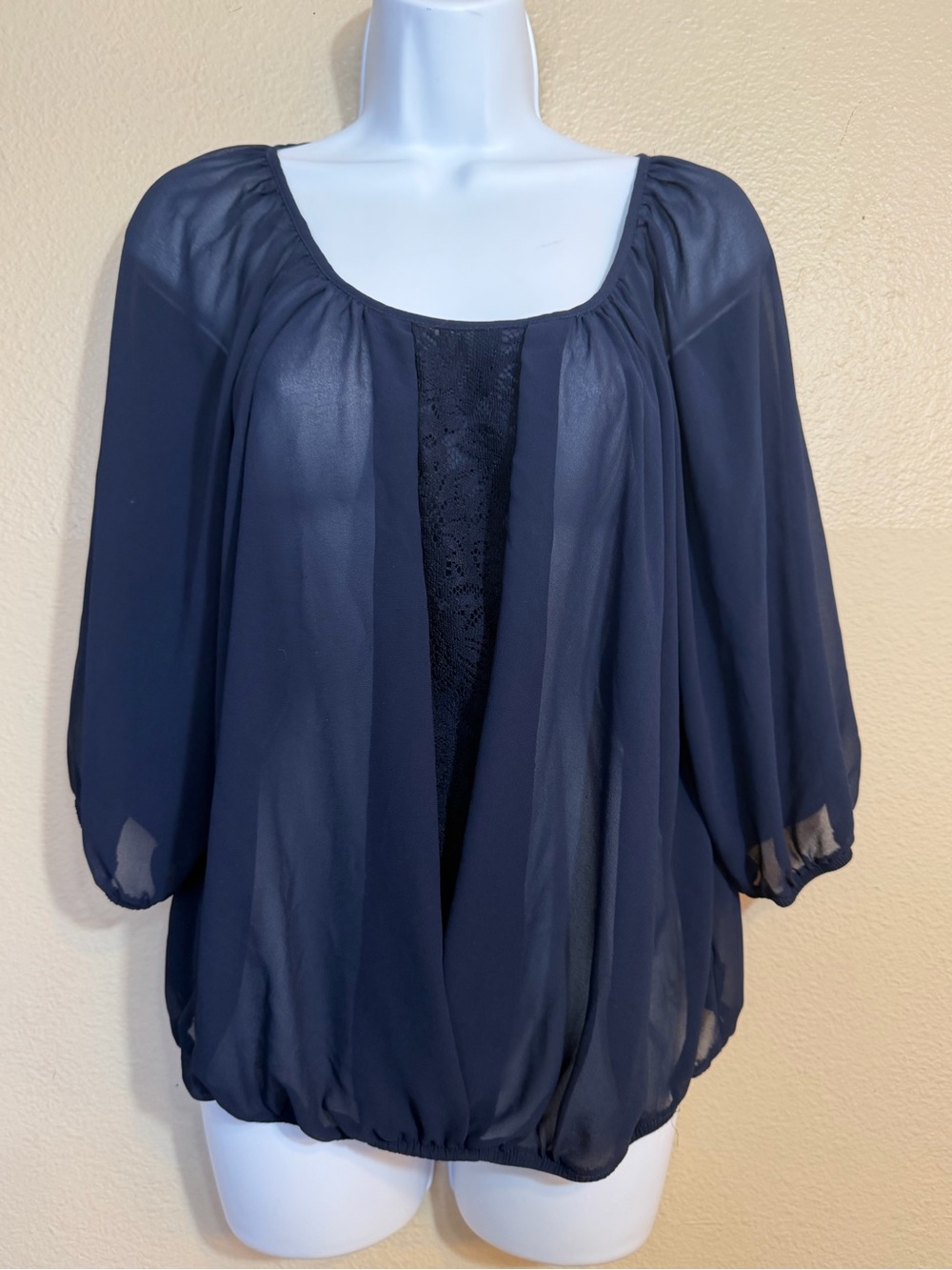 Women’s Navy Sheer Blouse with Lace Panel